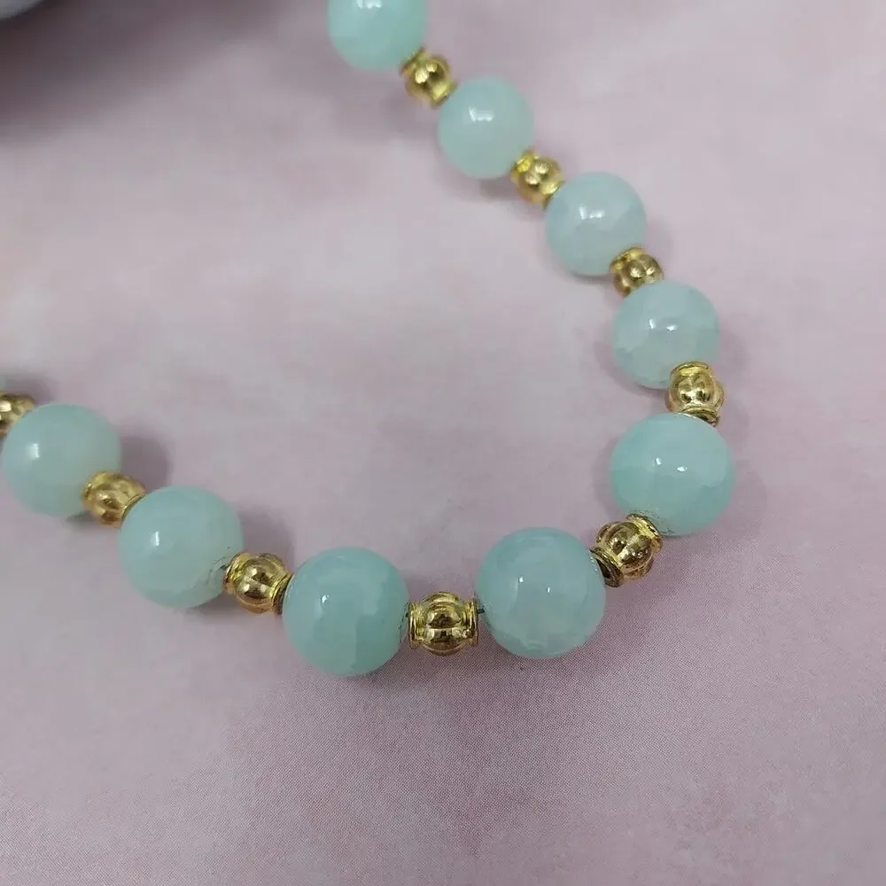 Vintage Plastic Beaded Necklace Pale Aqua Gold Tone Spacers Barrel Clasp 20